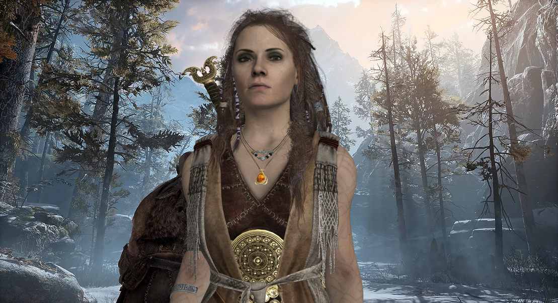 Freya standing in a snowy forest with a serious expression