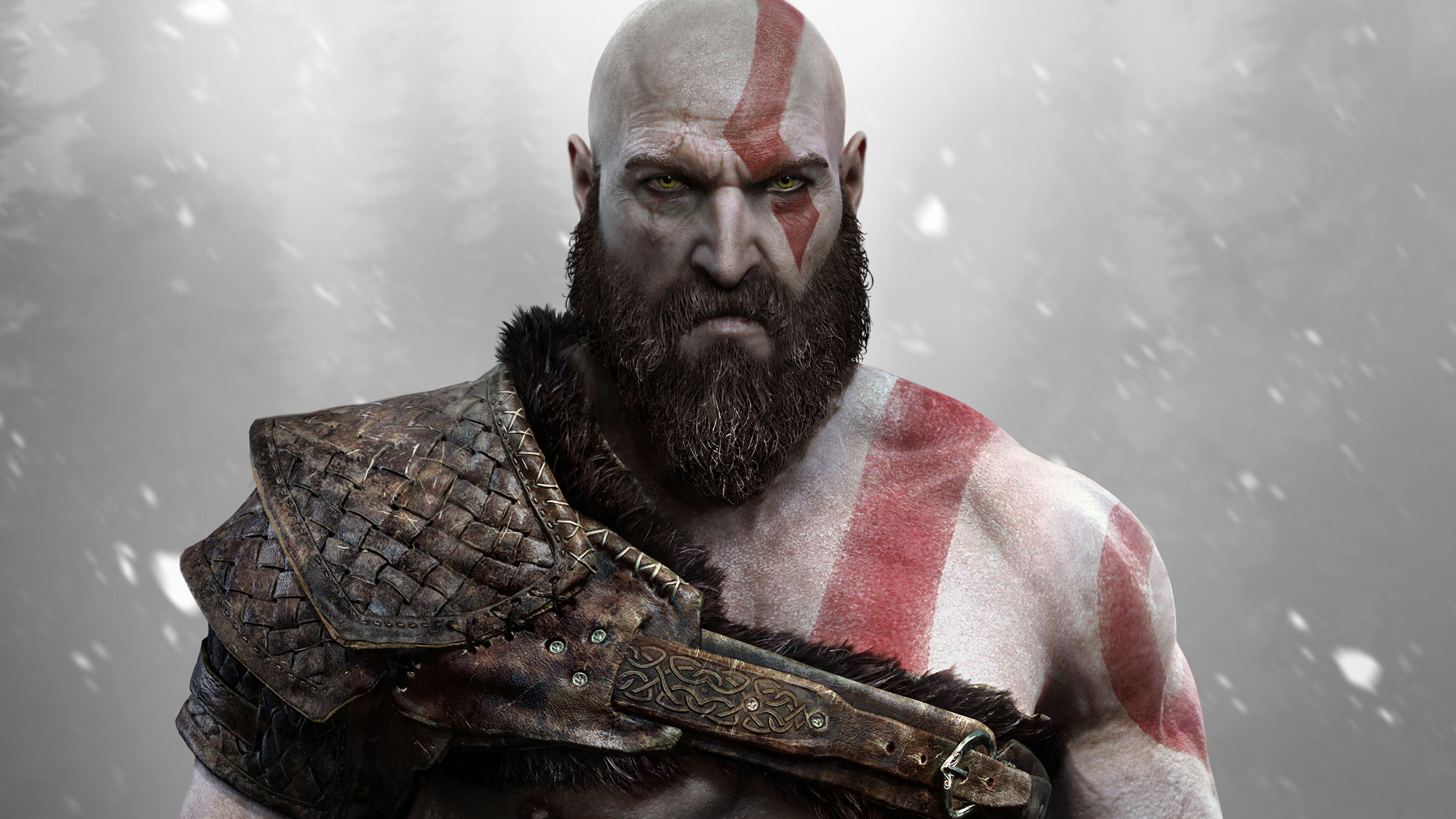 Kratos standing in the snow holding the Leviathan Axe