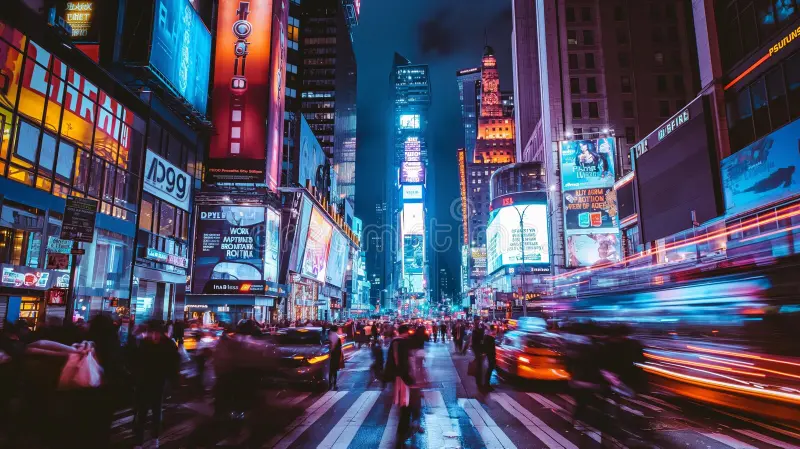 Busy city street at night with bright lights